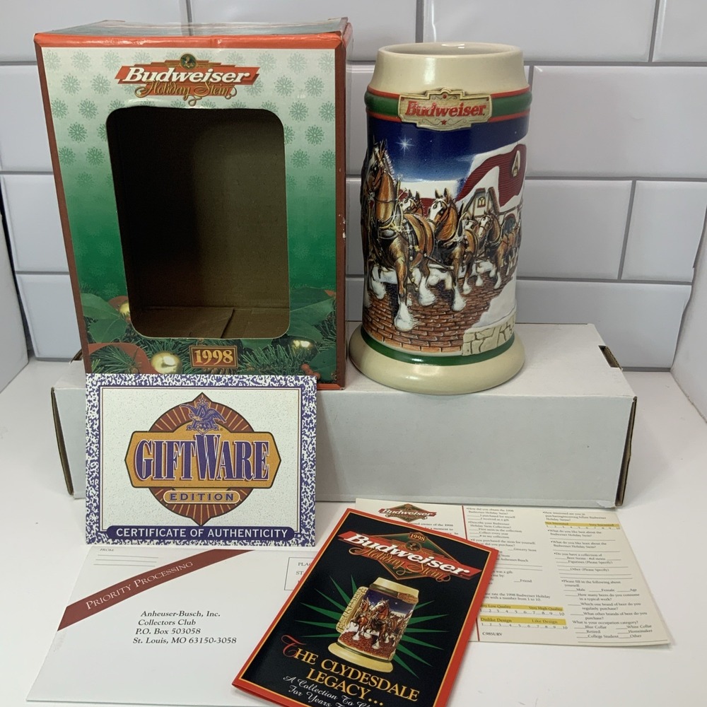 1998 Budweiser Holiday Stein Ceramic BeerMug Collectible Grants Farm Holiday NEW